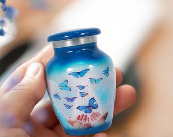 Butterfly Mini Cremation Urn: Aluminum Keepsake Urn with Velvet Bag