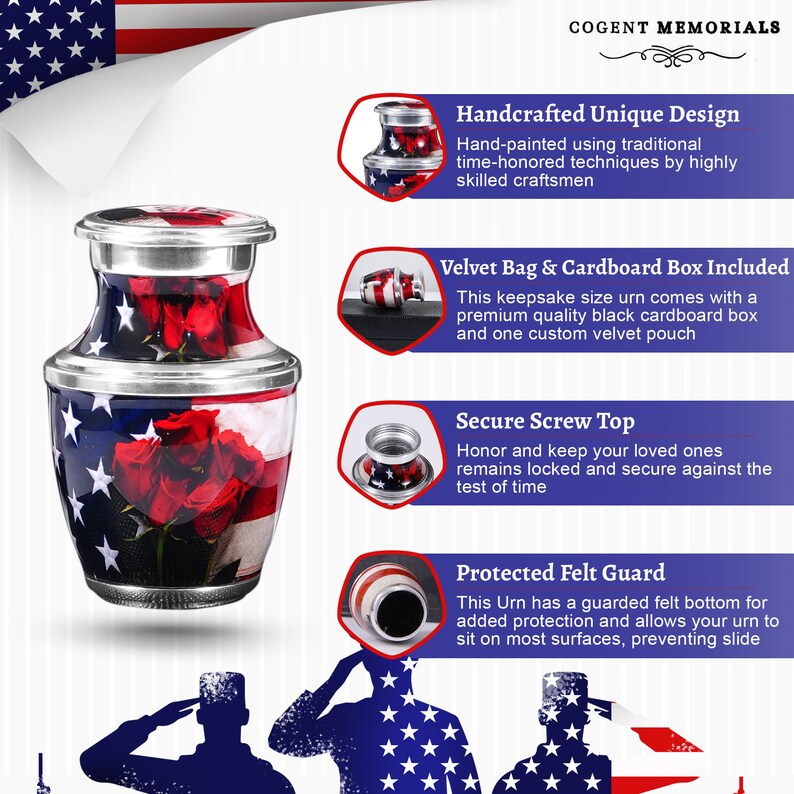 May include: A keepsake urn with a patriotic design. The urn features a silver lid and base, with a body adorned with the American flag and red roses. The text "COGENT MEMORIALS" is at the top.