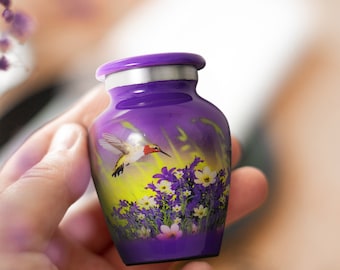 Hummingbird Mini Cremation Urn: Aluminum Keepsake Urn with Velvet Bag