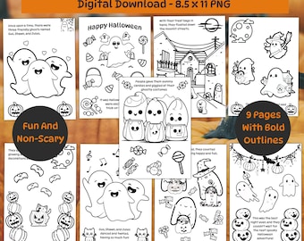 Fun, non-scary, cute Halloween coloring pages with story for children. Color at home, in school, or for kid's party activity.