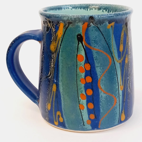 Large Midnight Blue stoneware mug, unique wheel thrown hand decorated mug, ideal gift for artistic friends.