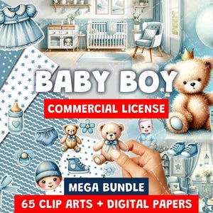 65 elementi grafici digitali e carte digitali: inviti, adesivi, scrapbooking per neonati, decorazioni per compleanni, biglietti!