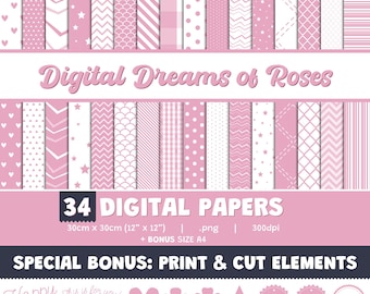 Pacchetto di carta digitale Dreams of Roses / Rosa tenue / Elementi bonus in formato A4 e pronti per la stampa / Carta per scrapbooking