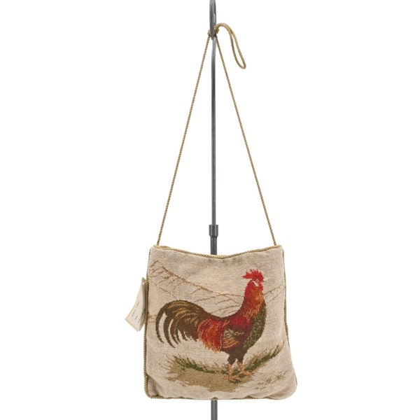 Vintage 90s Deadstock Rooster Tapestry Crossbody Bag Tan Red Magnetic Closure