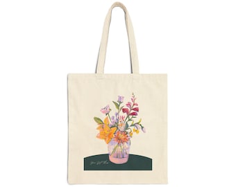 Flower Tote Bag | Floral Vase Aesthetic Bag | Reusable Cotton Shopping Tote | Eco Friendly Canvas Bag | Cute Market Bag for Her