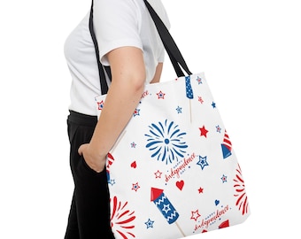 Fjärde juli-tygväska | Patriotisk USA-tygväska | Röd, vit och blå sommarväska | Återanvändbar strandtygväska med amerikansk flagga