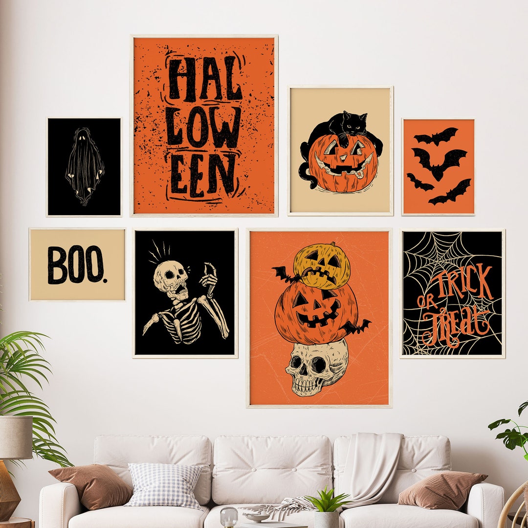Halloween Gallery Wall Art Set, 8 Piece Halloween Print Set, Bundle of