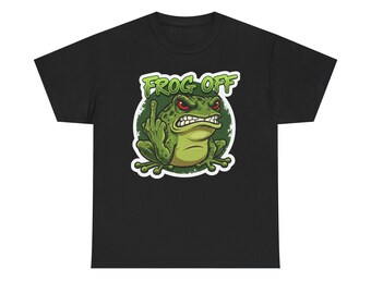 May include: Black t-shirt featuring a cartoon frog with red eyes and an angry expression. The frog is giving the middle finger and the text "FROG OFF" is above it in green. The design is in a white circle.