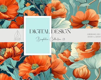 Seamless Pattern - Floral Pattern - Biophilia Collection 01 - Poppy Flower Teal and Orange