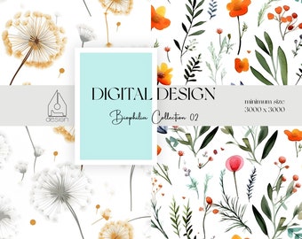 Seamless Pattern - Wild Floral Pattern - Biophilia Collection 01 - Poppy Flower Teal and Orange