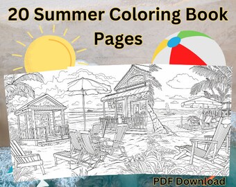 20 Pages Summer Coloring Book, Summer Beach Coloring Book, Summer Coloring Book For Adults and Kids, Summer Printable Coloring Book Sheets