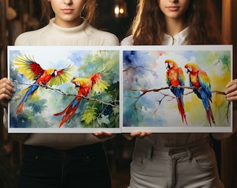 Macaws Watercolor Painting, Digital Print Macaw Birds, Minimalist Art - Macaws Parrots, Bird Wall Art, Home Decor, Bird Art Gift - Pack of 2