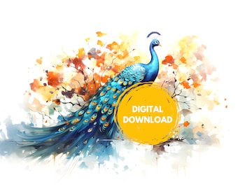Peacock Watercolor Painting, Beautiful Peacock Digital Print, Minimal Colorful Wall Art, Nature Wildlife Art For Prosperity Peace Good Luck
