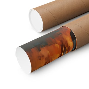 May include: A rolled up print of an abstract painting with orange, yellow, and blue hues is being placed into a brown cardboard tube.