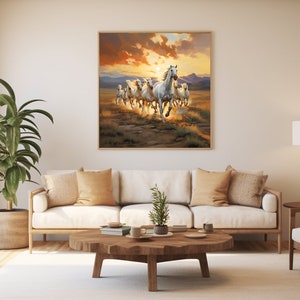 Digital Oil Painting Eight White Horses Art Running Horse Printable 8 Horses & Rising Sun Lucky Vaastu Feng Shui Texture Wall Art Home Decor