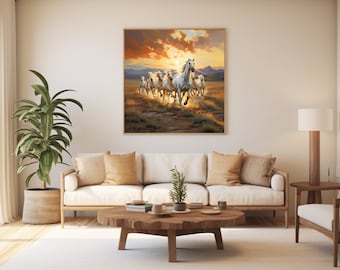 Digital Oil Painting Eight White Horses Art Running Horse Printable 8 Horses & Rising Sun Lucky Vaastu Feng Shui Texture Wall Art Home Decor