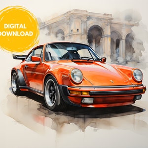 May include: A red Porsche 911 Turbo with a black spoiler and black wheels. The car is parked in front of a building with arches. The image is a digital download.