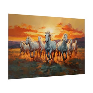 May include: A painting of a herd of white horses running through a field at sunset. The horses are running in a line, with the sun setting in the background. The sky is a vibrant orange and red.