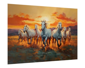 Seven White Horses Painting, 7 Running Horses Poster, Horses With Rising Sun and Mountain, Lucky Vaastu Feng Shui Wall Art, Printed Painting