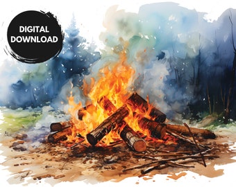 Lagerfeuer Aquarell, Feuerholz Lagerfeuer Malerei, Camping Poster, brennendes Holz Illustration, Digitaldruck, Geschenk für Camper & Wanderer