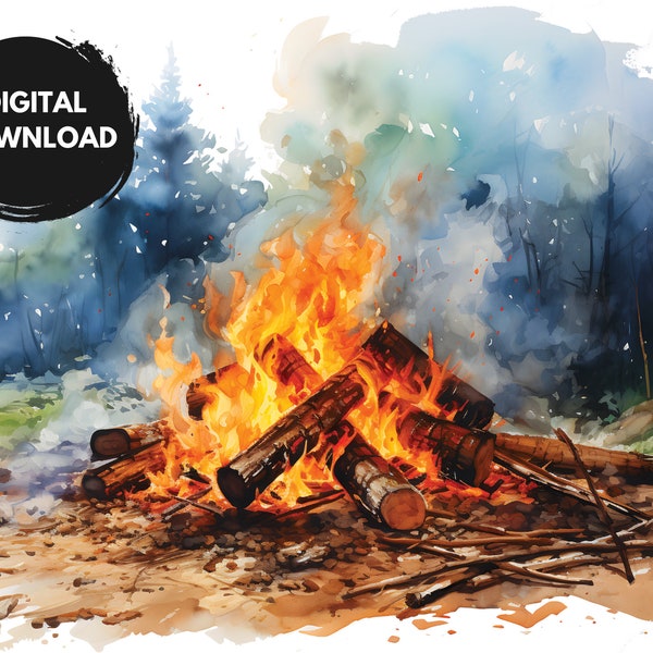 Campfire Watercolor Painting, Firewood Campfire Painting, Camping Poster, Burning Wood Illustration, Digital Print, Gift for Camper & Hiker