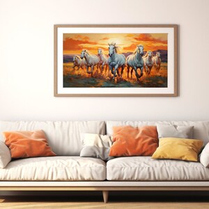 May include: A painting of a herd of white horses running through a field at sunset. The horses are in a line, with the lead horse in the center of the image. The sky is a vibrant orange and yellow, and the field is a golden brown.