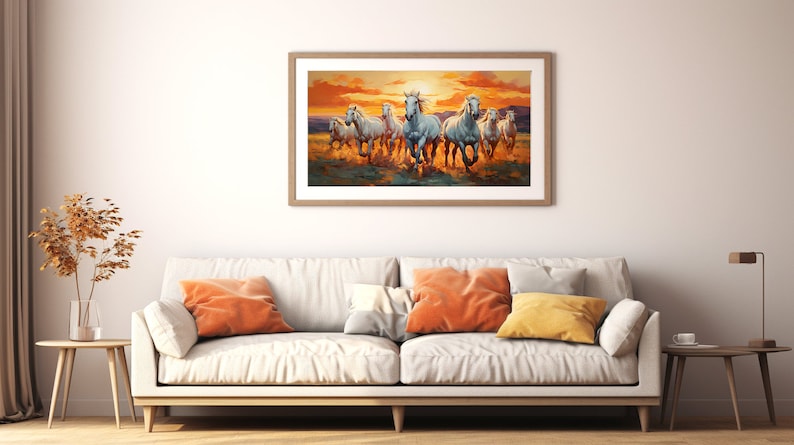 May include: A painting of a herd of white horses running through a field at sunset. The horses are in a line, with the lead horse in the center of the image. The sky is a vibrant orange and yellow, and the field is a golden brown.
