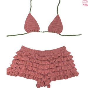 Crochet Ruffle Bloomer Shorts -  Pink Cotton/Bamboo Mini Shorts - Crochet Fairy Triangle Top - Handmade