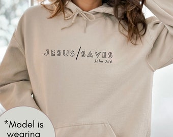Jesus Saves, Christian Graphic Hooded Sweatshirt, Unisex Christian Hoodie, Fleece Lined Hoodie, Biblical Motivation, Women's Faith Hoodie.