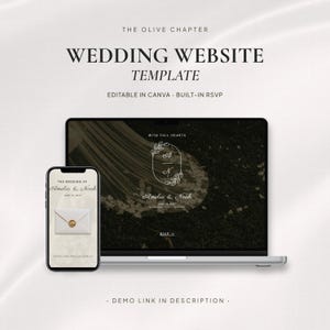 Könnte beinhalten: Eine digitale Hochzeits-Website-Vorlage mit dem Titel The Olive Chapter, angezeigt auf einem Laptop- und Smartphone-Bildschirm. Das Design zeigt den Text Amelia & Noah, June 19, 2027, und eine Umschlag-Grafik mit Wachssiegel, bearbeitbar in Canva.