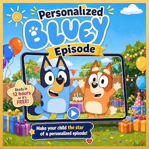 Video regalo di compleanno personalizzato per bambini: episodio di Bluey con nome, età e messaggio personalizzati | Regalo digitale con consegna in giornata