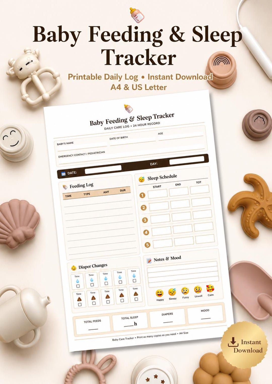 Baby Feeding and Sleep Tracker Printable, Newborn Daily Log ...