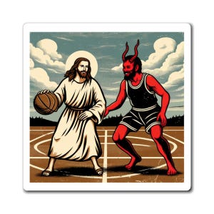 Jesus vs Devil basketball Magnet | Refrigerator Sticker, Humorous Religious Art