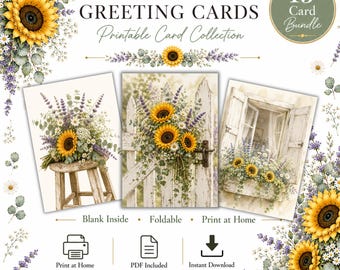15 biglietti d'auguri stampabili con girasoli, set di biglietti floreali ad acquerello vuoti 5x7, download immediato in PDF