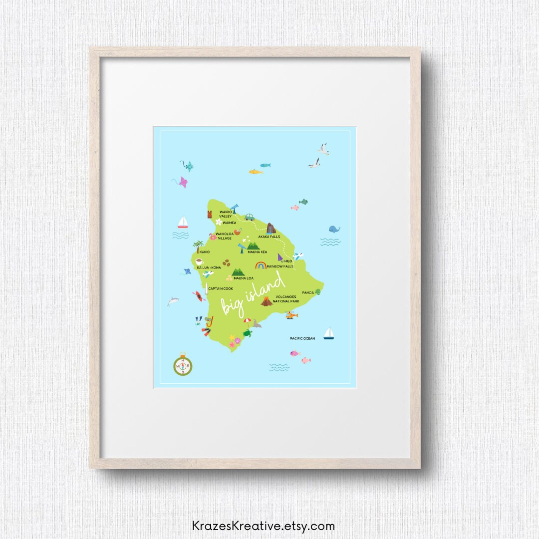Big Island Hawaii Printable Map Illustrated Wall Art Print Aloha Home ...