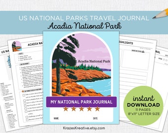 May include: A printable travel journal for Acadia National Park in Maine. The cover features a colorful illustration of a rocky coastline with a forest and ocean. The journal is 8 inches by 11 inches and has 11 pages. The text on the cover reads "My National Park Journal" and "Acadia National Park".