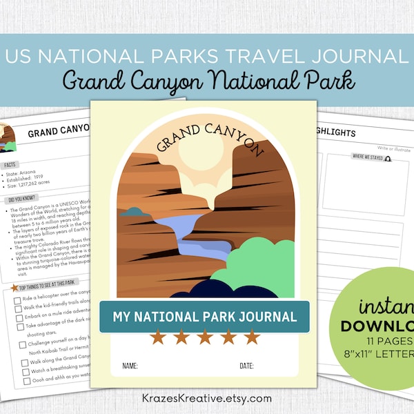 Grand Canyon National Park Travel Journal Kids Vacation Activity Diary Nature Journal Family Road Trip Fun- Digital PDF Printable Download