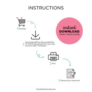 May include: A pink circle with the text "instant DOWNLOAD PRINT FROM HOME" in black.  A white arrow pointing down. A shopping cart icon with a pink heart. A printer icon with a pink heart. A white sheet of paper with a pink heart and a pencil.  The text "1 Purchase", "2 Download pdf from the emailed link. Or find the download link in your Etsy account under "Purchases".", "3 Print", and "4 Record your memories!" are in black.