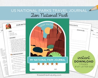 Zion National Park Travel Journal Kids Vacation Activity Diary Nature Journal Family Road Trip Fun- Digital Download PDF Print Instantly