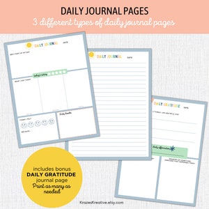 May include: Three printable daily journal pages with a blue and white striped background. The first page has a sun graphic and the text "DAILY JOURNAL" at the top. The second page has the text "DAILY GRATITUDE" at the top. The third page has the text "DAILY AFFIRMATION" at the top.