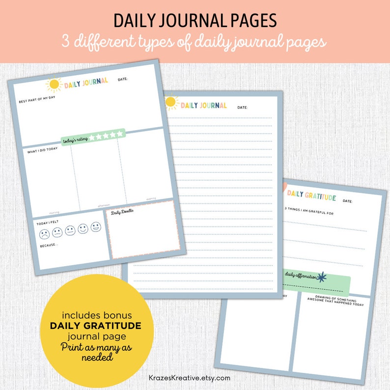 May include: Three printable daily journal pages with a blue and white striped background. The first page has a sun graphic and the text "DAILY JOURNAL" at the top. The second page has the text "DAILY GRATITUDE" at the top. The third page has the text "DAILY AFFIRMATION" at the top.