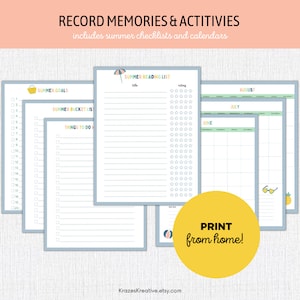 May include: Printable summer checklists and calendars with colorful illustrations. Includes a summer goals list, a summer bucket list, a things to do list, a summer reading list, and monthly calendars for June, July, and August.