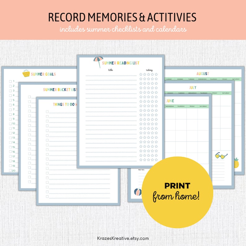 May include: Printable summer checklists and calendars with colorful illustrations. Includes a summer goals list, a summer bucket list, a things to do list, a summer reading list, and monthly calendars for June, July, and August.