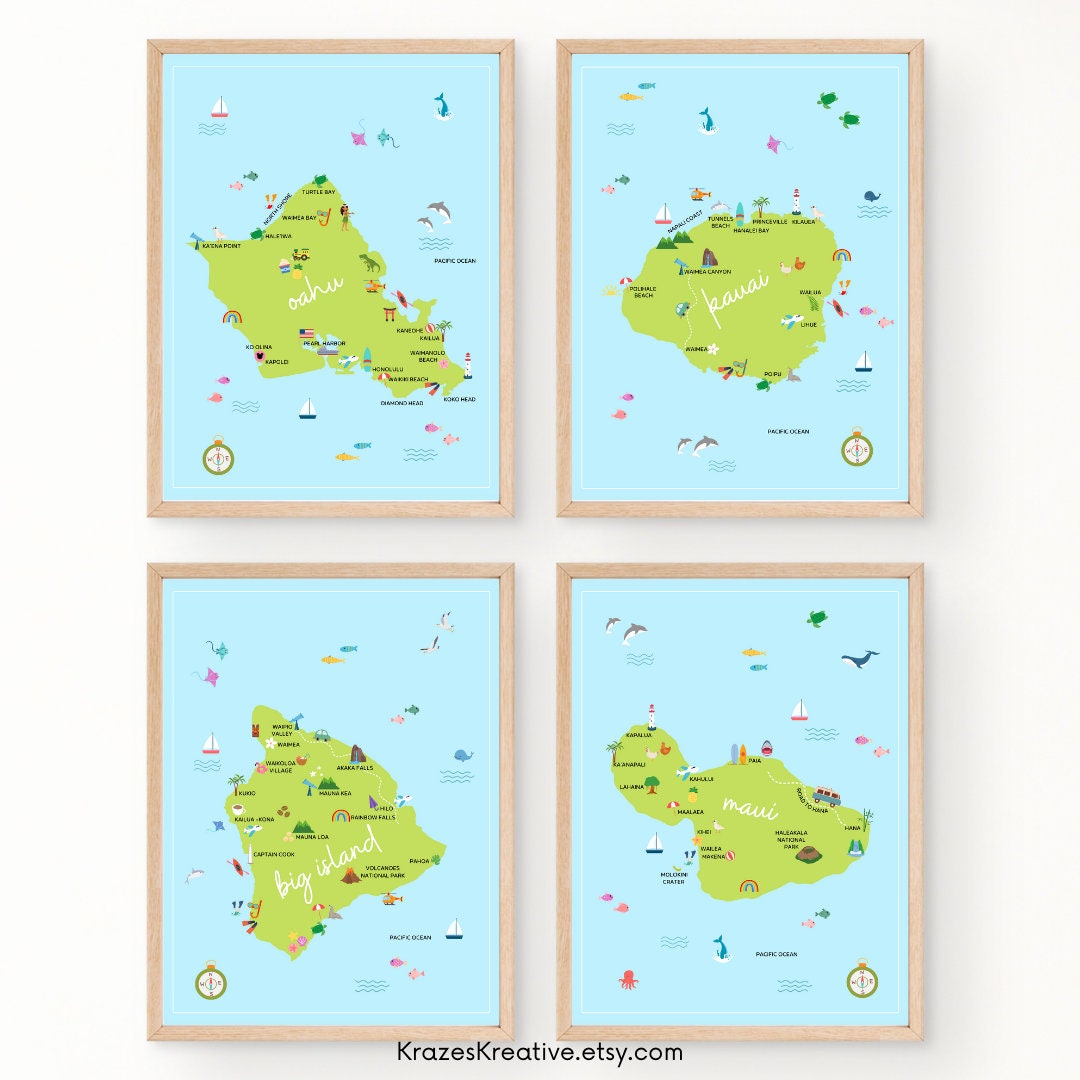 Hawaii Islands Printable Map Illustrated Wall Art Print Home Decor ...