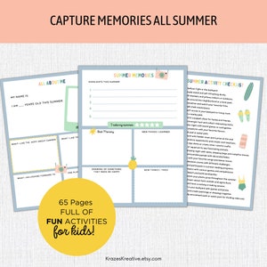 May include: A printable summer activity journal for kids with a blue, green, and yellow color scheme. The journal includes sections for "All About Me", "Summer Memories", and "Summer Activity Checklist". The cover features the text "Capture Memories All Summer".