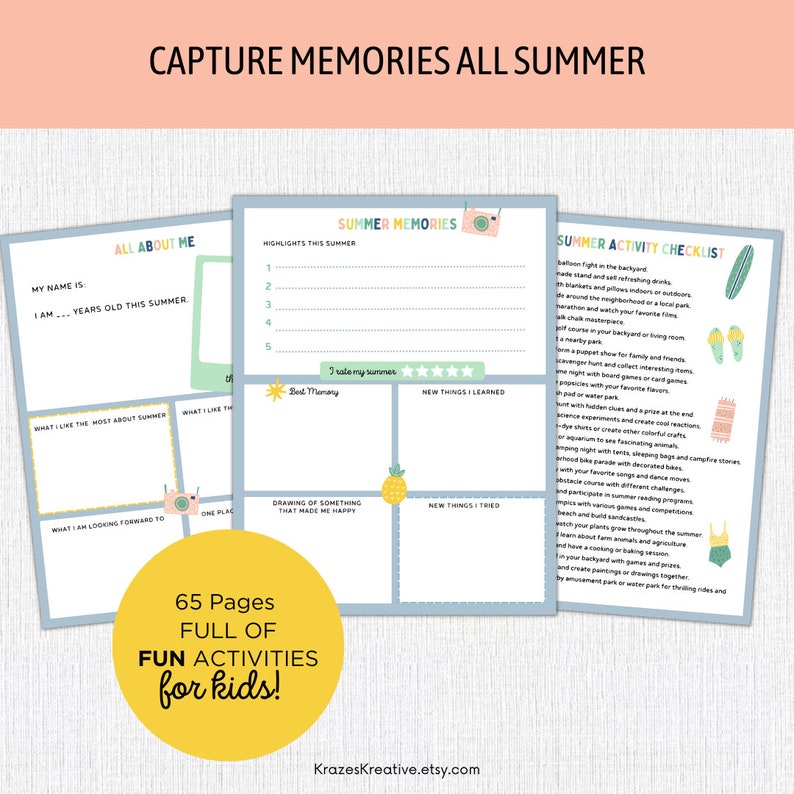 May include: A printable summer activity journal for kids with a blue, green, and yellow color scheme. The journal includes sections for "All About Me", "Summer Memories", and "Summer Activity Checklist". The cover features the text "Capture Memories All Summer".