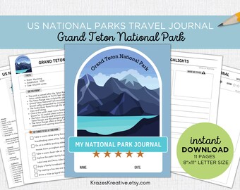 May include: A printable travel journal for Grand Teton National Park. The cover features a blue and white illustration of the Grand Teton mountain range with a lake in the foreground. The journal has 11 pages and is 8 inches by 11 inches.