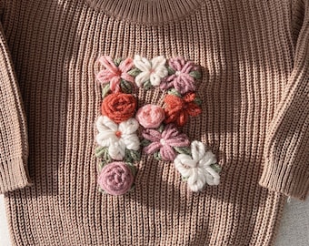 Hand Embroidered Floral Initial Sweater, Personalized Baby Knit Sweater, Toddler Heirloom Gift