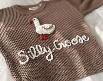 Personalized Custom Embroidery One Silly Goose | Knit Kids Sweater | Baby shower Gift | Toddler first Birthday | Baby Announcement