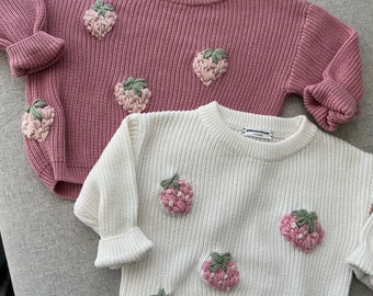 Personalized Strawberry Embroidered Baby Sweater | Toddler Name | Oversized Chunky Knit Sweater for Kids | Baby Shower Gift